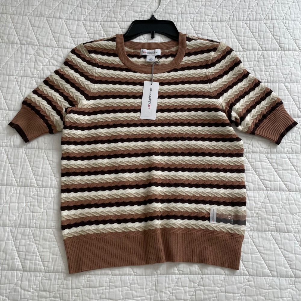 Liz Claiborne Womens Short Sleeve Cable Knit Sweater Caramel Stripe XS NWT
